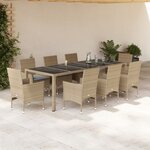 vidaXL Ensemble à manger de jardin et coussins 9 Pièces beige rotin verre