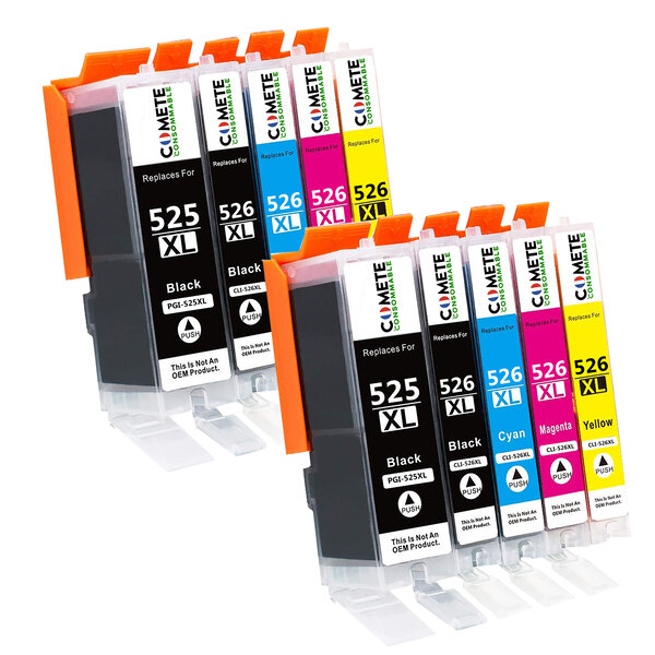 COMETE, Entreprise française- 525XL 526XL - 10 Cartouches d'encre Compatibles pour Canon PGI-525 XL CLI-526 XL - pour Canon Pixma IP3600 IP4600 MP620 MP640 MP640R MP980 MP990 MX860 MX870 (Noir et Couleur)