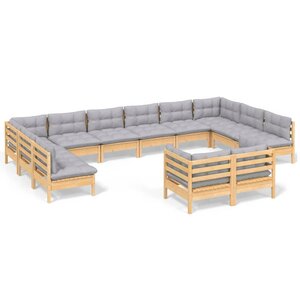 vidaXL Salon de jardin 12 Pièces avec coussins gris Bois de pin massif