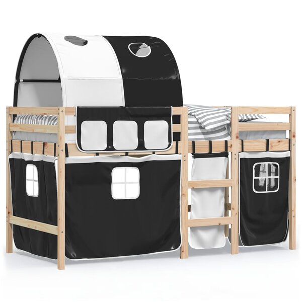 vidaXL Lit mezzanine enfants et tunnel blanc/noir 90x200 cm pin massif