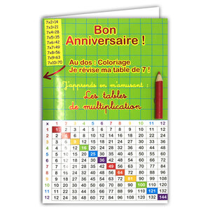 67-1102-A Carte Pédagogique Bon Anniversaire Coloriage Magique Jeu avec Crayon de couleur aléatoire et Enveloppe Jaune Tables de multiplications 12x12 144 pour Enfants CE1 CE2 CM1 dès 7 8 9 ans