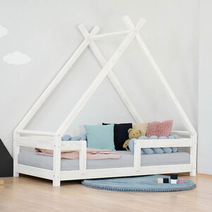 Lit Tipi enfant avec barrière bois massif blanc 90 x 180 cm