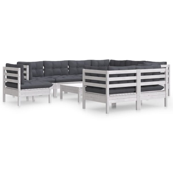 vidaXL Salon de jardin 10 Pièces avec coussins blanc bois de pin massif