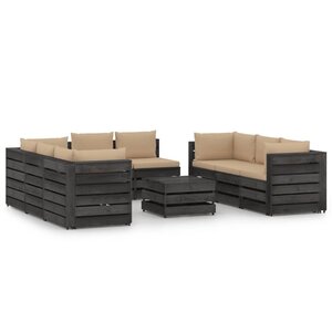 vidaXL Salon de jardin 9 Pièces avec coussins Bois imprégné de gris