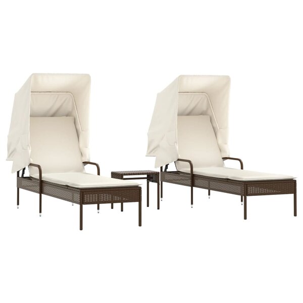 vidaXL Chaises longues lot de 2 et auvents et table marron poly rotin