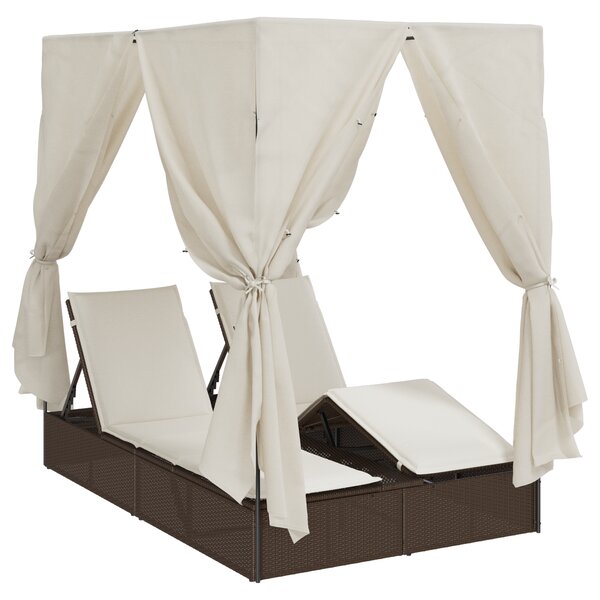 Chaise longue double vidaXL avec toit et rideaux en rotin poly marron
