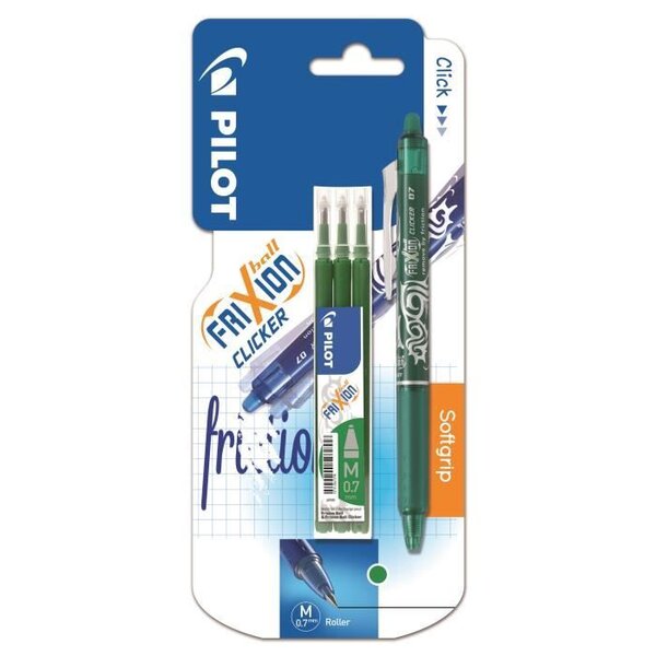 PILOT FriXion Ball Clicker sous blister - Pointe moyenne - Avec étui de 3 recharges vert