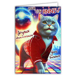 Carte ANNIVERSAIRE Chat avec une veste en cuir Rouge Brillant et Enveloppe 12x17 5cm 70's disco Boule à facettes Animal de compagnie déguisé dancefloor discothèque boîte de nuit années 1970