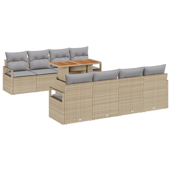 Ensemble de canapé de jardin 9 pièces vidaXL avec coussins Beige Poly Rattan Acacia