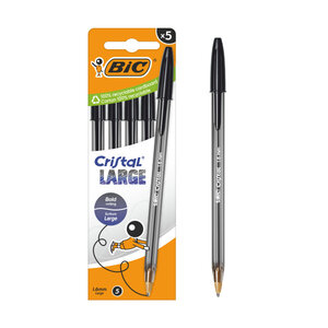Bic Cristal Grand Pack de 5 Stylos Bille - Pointe Ronde 1 6 mm - Trait 0 6 mm - Encre à l'Huile - Noir