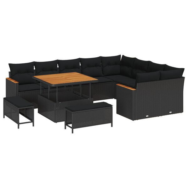 Ensemble de 12 pièces de canapés de jardin avec coussins noir poly rattan acacia