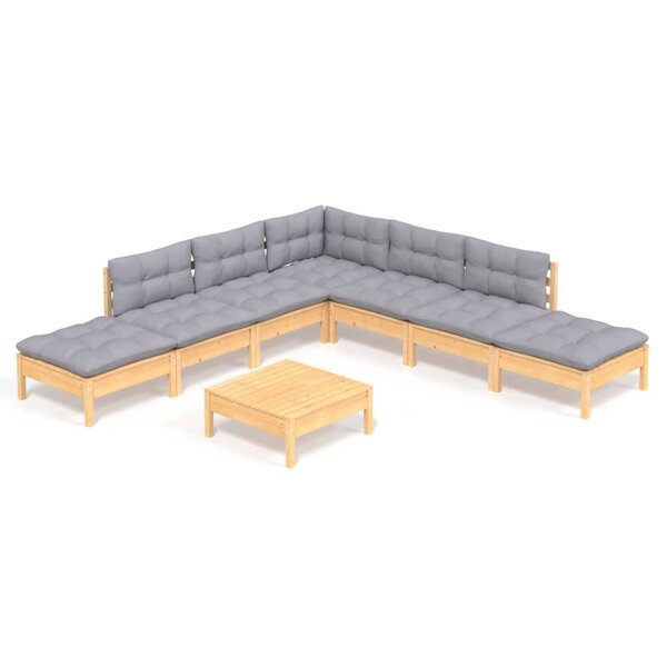 vidaXL Salon de jardin 8 Pièces avec coussins gris Bois de pin