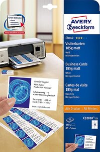 Etui 250 Cartes Visite Recto Microperforées 190g Jet d'encre Blanc mat 85x54 mm AVERY