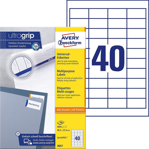 Etiquettes universelles quickpeel, 48,5x25,4mm, sur 100 f a4 avery zweckform