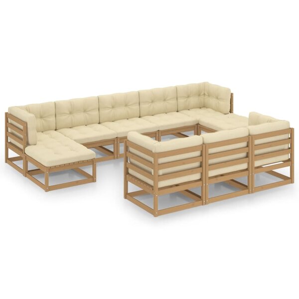 vidaXL Salon de jardin 10 Pièces avec coussins Marron miel Bois de pin