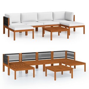 vidaXL Salon de jardin 7 pièces avec coussins bois d'acacia crème et corde