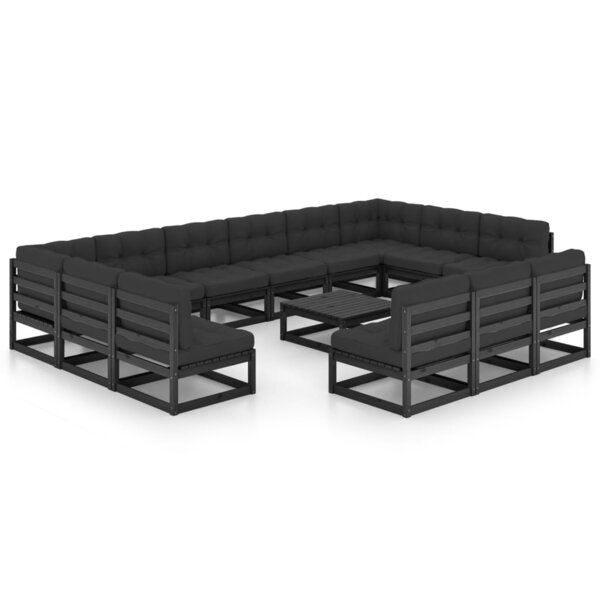 vidaXL Salon de jardin 14 Pièces avec coussins Noir Bois de pin massif