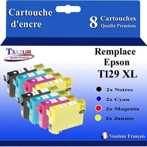 T3AZUR- 8x Cartouches Compatibles avec Epson T1291 T1292 T1293 T1294 remplace Epson Stylus Office SX440W SX445W SX525WD SX535WD SX620FW