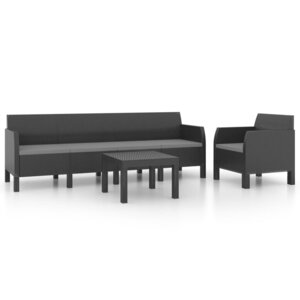 vidaXL Salon de jardin 3 Pièces avec coussins PP Rotin Anthracite