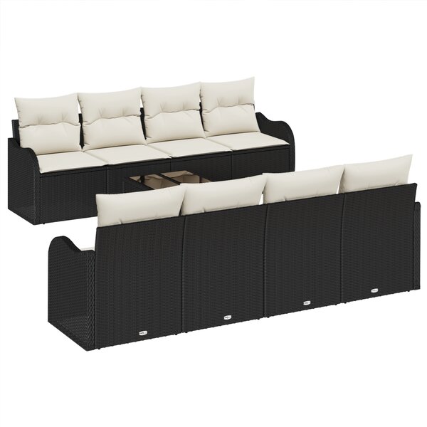 Canapé de jardin 9 pièces avec coussins en poly rattan noir