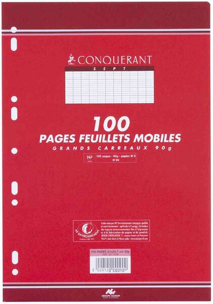 Etui 50 feuillets mobiles (100 pages) A4 210 x 297 grands carreaux 90 gr CONQUÉRANT SEPT