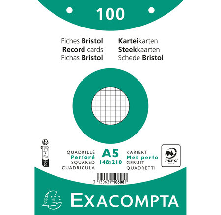 Paquet 100 Fiches Sous Film - Bristol Quadrillé 5x5 Perforé 148x210mm - Blanc - X 10 - Exacompta