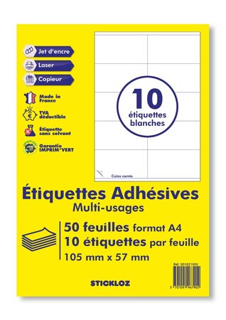 Planche étiquettes autocollantes sur feuille A4 : 105 x 57 mm (10 étiquettes)