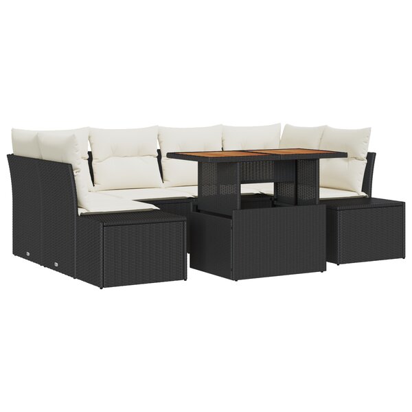 vidaXL Ensemble de salle à manger de jardin 7 pièces avec coussins en poly rattan noir et acacia