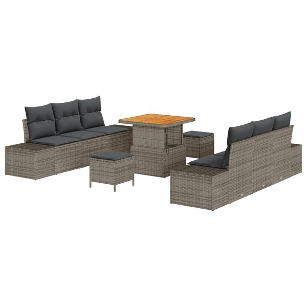 Ensemble de sofa de jardin 9 pièces avec coussins gris poly rattan acacia