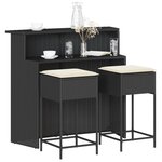 vidaXL Ensemble de bar de jardin 3 Pièces avec coussins noir poly rotin