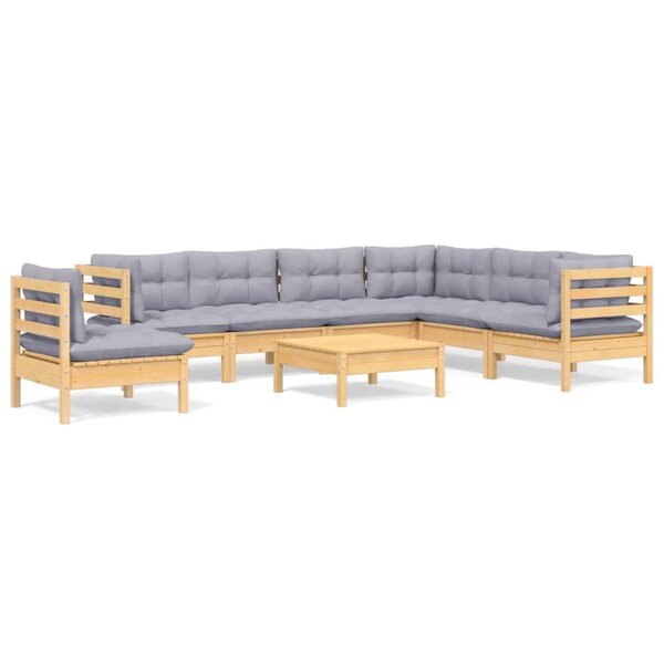 vidaXL Salon de jardin 8 Pièces avec coussins gris Bois de pin massif