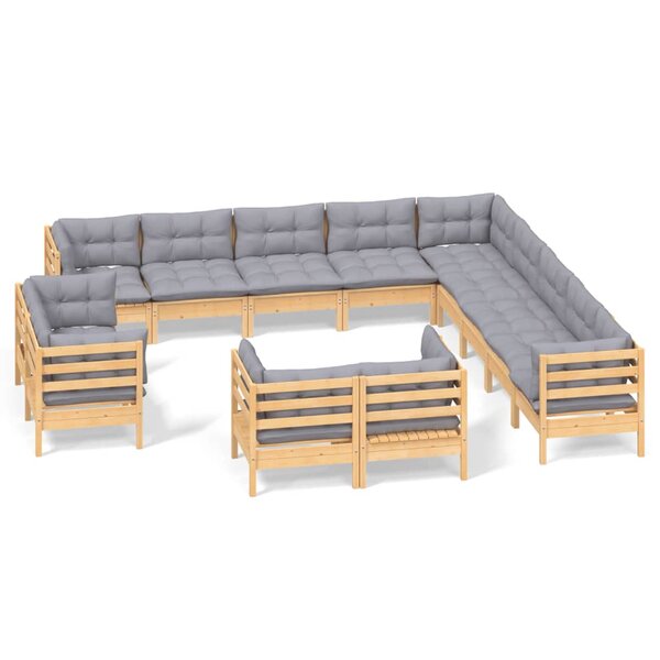 vidaXL Salon de jardin 13 Pièces avec coussins gris Bois de pin solide