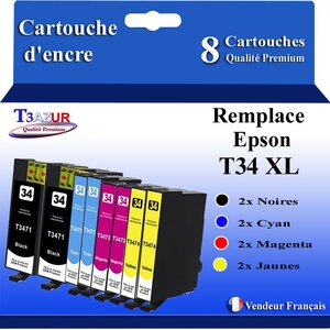 T3AZUR- 8x Cartouches Compatibles avec Epson 34XL 34 XL remplace Epson Workforce Pro WF-3725DWF WF-3720DWF WF3725DWF WF3720DWF