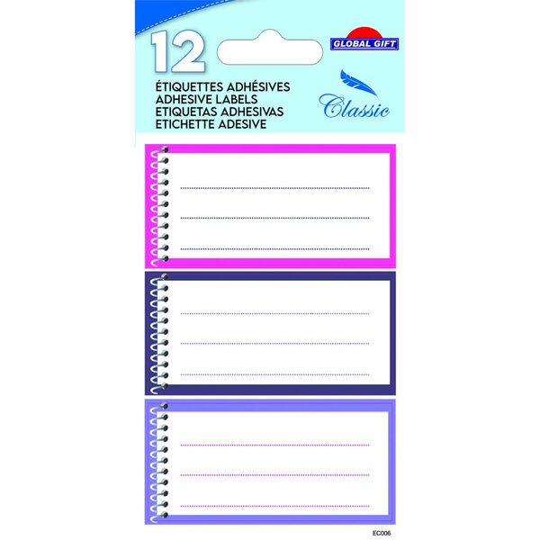 12 étiquettes adhésives scolaires - Cahier spirale - Rose