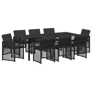Ensemble de salle à manger de jardin de 9 pièces avec coussins en poly rotin noir