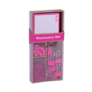 Apli Fluor Collection Pink Office Set - 25 Pins  80 Clips de 28mm  20 Clips de 19mm  Notes Autocollantes de 100 Feuilles en Rose Fluor - Design Moderne et Remarquable