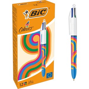 LOT de 12 Stylo bille rétractable Bic 4 couleurs Décors Lines - Pointe moyenne 1 0 mm - Encre à l'huile - 4 couleurs