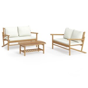 vidaXL Salon de jardin 3 Pièces avec coussins blanc crème bambou