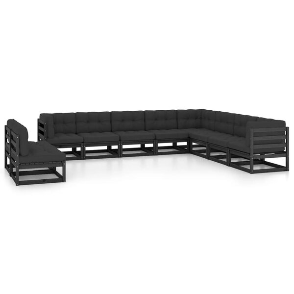 vidaXL Salon de jardin 10 Pièces avec coussins Noir Bois de pin massif
