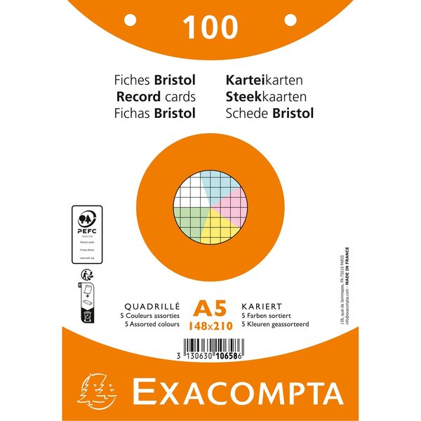 Paquet 100 Fiches Sous Film - Bristol Quadrillé 5x5 Perforé - 148x210mm - Couleurs Assorties - X 10 - Exacompta