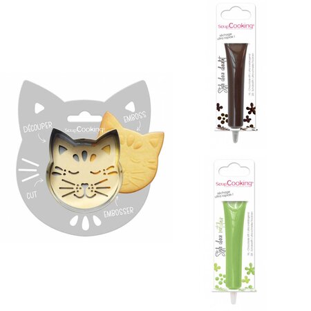 Kit pour biscuit en relief Chat + 2 Stylos au chocolat marron et vert clair