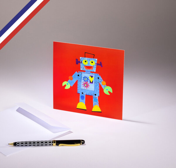 Carte simple le petit monde de kali créée et imprimée en france sur papier certifié pefc - robot drôle et vintage