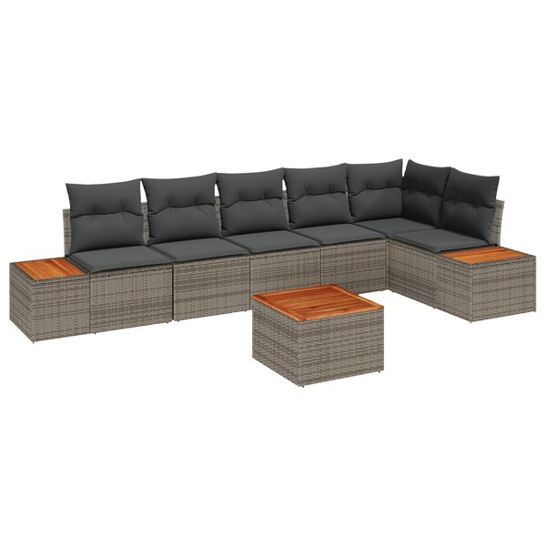 Ensemble de Canapé de Jardin 7 Pièces avec Coussins Gris Poly Rattan Acacia