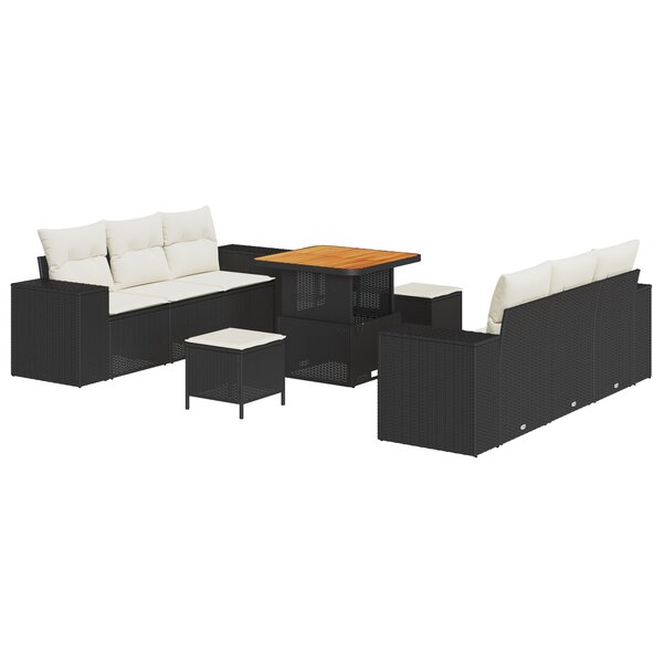 Ensemble de canapé de jardin 9 pièces avec coussins noir poly rattan acacia