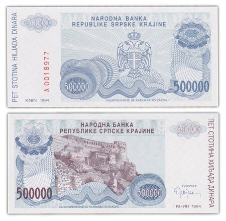 Billet de Collection 500000 Dinara 1994 KraJina / Croatie - Neuf - PR32 - Narodna Banka