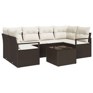 Ensemble de Canapé de Jardin 7 Pièces avec Coussins Marron Poly Rattan
