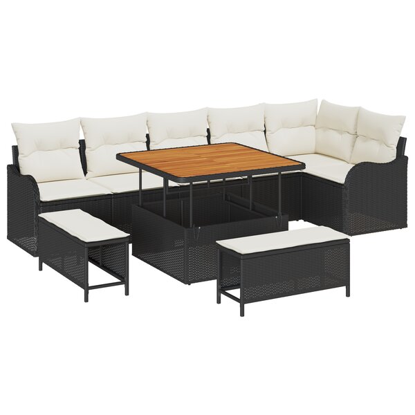 Ensemble de canapé de jardin de 9 pièces avec coussins en rattan poly noir acacia