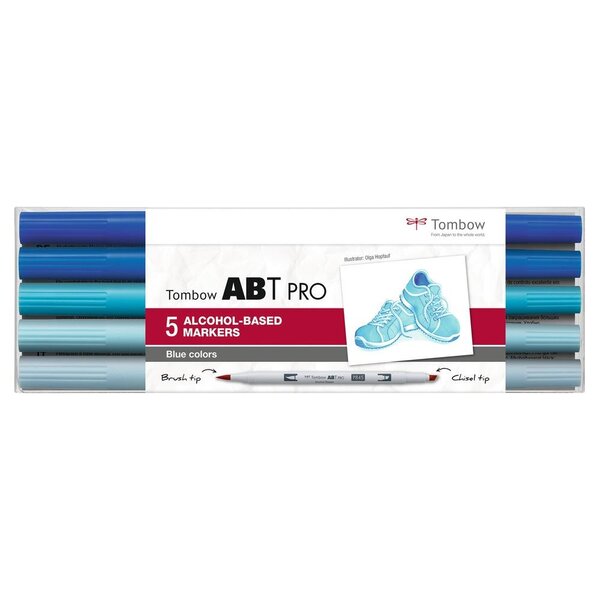 Set de 5 Marqueurs Base Alcool Double Pointe ABT PRO couleurs bleu x 6 TOMBOW