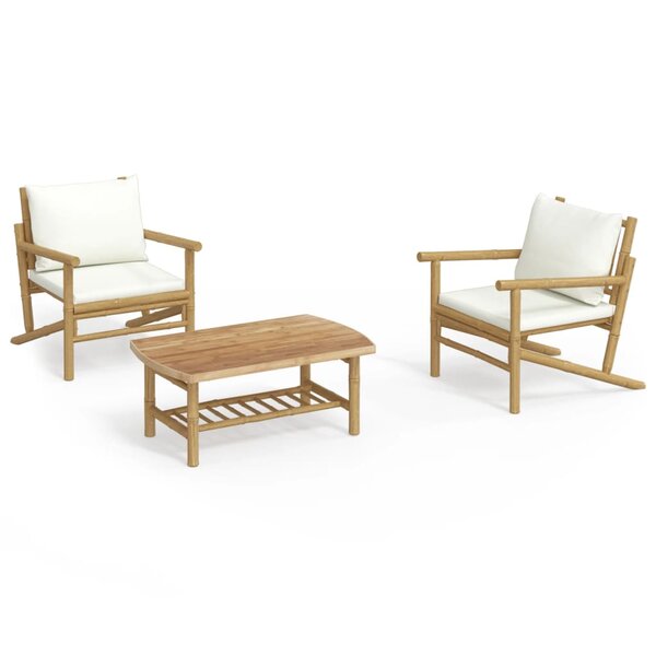vidaXL Salon de jardin 3 Pièces avec coussins blanc crème bambou