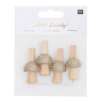 8 pinces clip en bois champignons dorés